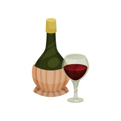 Round bottle of wine next to the glass. Vector illustration.