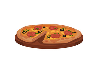 Round pizza on a wooden tray. Vector illustration.