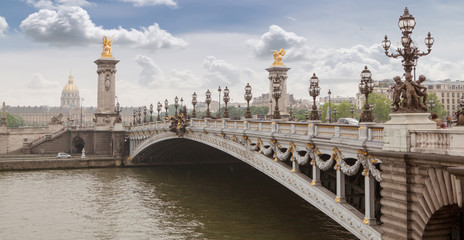 Fototapeta na wymiar Panorama with Pont Alexandre III Bridge and overlooking the old city, cloudy day. France Paris