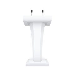 Vector tribune podium rostrum. Speech stand with microphone isolated on white background.