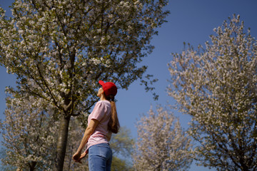 Successful business woman enjoys her leisure free time in a park with blossoming sakura cherry trees wearing jeans, pink t-shirt and a fashion red cap