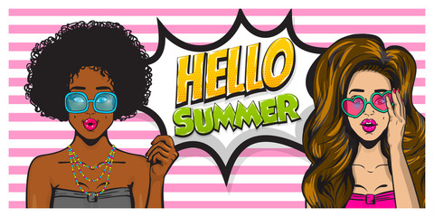 summer time girl pop art banner vector