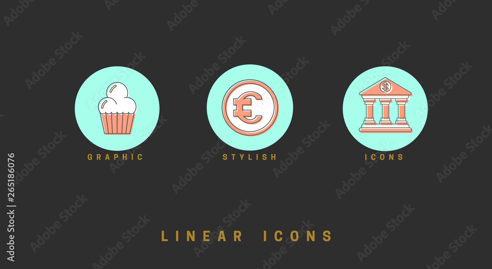 Poster set of outline vector icons for web design in simple linear style isolated on black background.