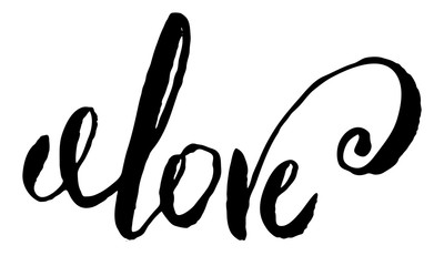 love text sign calligraphy lettering , black isolated on white hand written word with custom skript curls ink vector