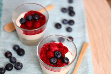 Simple no-bake raspberry cheesecake in a glass. Decorated with blueberries. Selective focus.