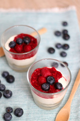 Simple no-bake raspberry cheesecake in a glass. Decorated with blueberries. Selective focus.