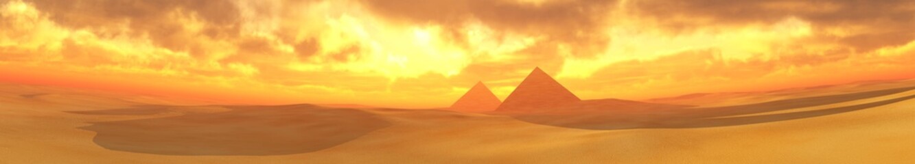 Fototapeta na wymiar Panorama of desert sand with pyramids at sunset, the sun in clouds over the desert