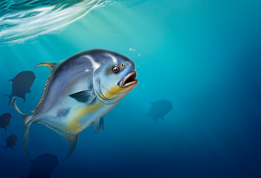 Permit fish on white Trachinotus blochii. Permit fish on underwater realistic illustration background.
