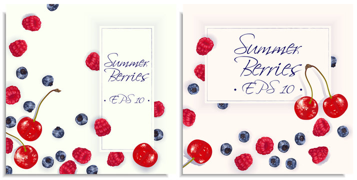 Vector postcard inviting with hand-drawn realistic raspberry, cherry, blaeberry, like paints, juicy colors, appetizing, fresh, tasty, distinct over the light background. Lettering: summer berry