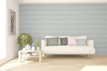 Stylish room in white color with sofa. Scandinavian interior design. 3D illustration