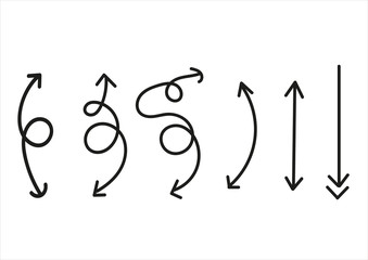 Cartoon pictures set of different hand drawn arrows. Mixed style white and black flat icons. Vector illustration. White background.