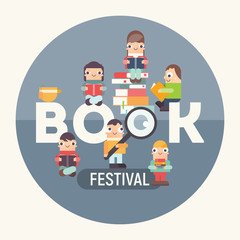 Poster for Bookstore and Book Festival Advertising. Small Funny Characters Cartoon Men and Girls Reading Books near Big Letters Book. Vector Illustration for Literature Event. Square Format. Retro 