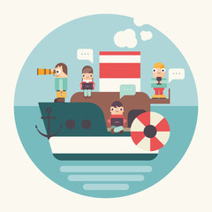 Concept of Teamwork and Business Startup. Cartoon Small People Sailing by Ship. Cohesive Teamwork in Startup. Vector Illustration for Web Page, Banner, Social Media. Retro Design.
