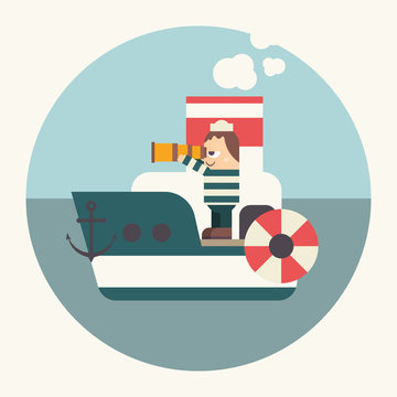 recommend clip art: Funny Cartoon Sailor on Boat looking at Sea through Telescope or Spyglass. Seaman on Steamboat. Vector Illustration in Retro Design.