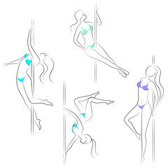 Collection. Silhouette of a sweet lady, she dances on a pylon. The girl has a beautiful figure in a bikini. The woman is young and slim. Vector illustration set