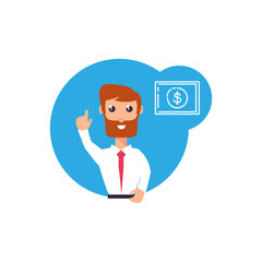 businessman with hand up and bill dollar