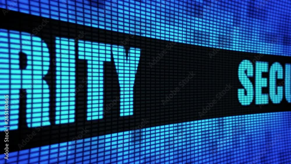 Poster security side text scrolling on light blue digital led display board pixel light screen looped anima