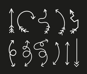 Cartoon pictures set of different hand drawn arrows. Mixed style white and black flat icons. Vector illustration. Black background.