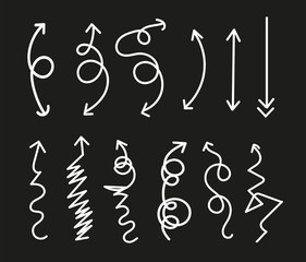 Cartoon pictures set of different hand drawn arrows. Mixed style white and black flat icons. Vector illustration. Black background.