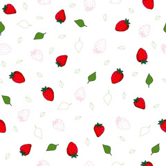 seamless pattern with hand drawn tasty ripe red strawberries and green leaves