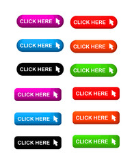 Click Here colorful button set. icons web Isolated on white background. Vector Illustration.