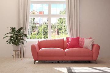 Stylish room in white color with sofa and summer landscape in window. Scandinavian interior design. 3D illustration