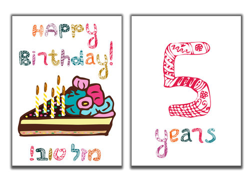 The inscription of Happy Birthday. Mazl Tov in Hebrew in translation I wish you happiness. A piece of cake with candles. Children greeting card for 5 years. Doodle, hand draw. Vector illustration.