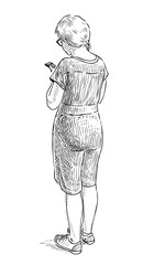 Sketch of a casual townswoman standing with her smartphone