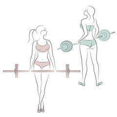 Collection. Silhouettes of lovely ladies. Girls are engaged in fitness, raise the bar. Women are young and slender. with beautiful figures. Vector illustration set
