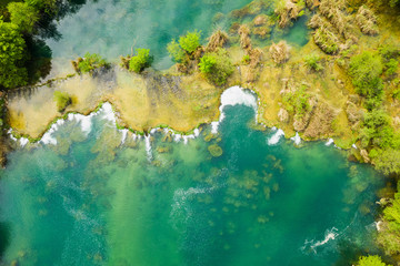 Croatian nature, beautiful waterfalls on Mreznica river from air, panoramic view in spring, popular tourist destination