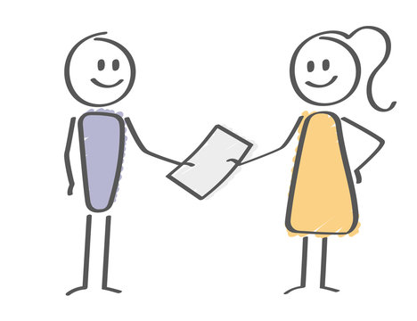 Stick Figure - man handing paper to a woman