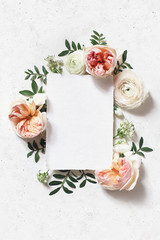 Feminine wedding, birthday mock-up scene. Blank paper greeting card. Floral frame of blush pink...