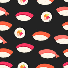Sushi icons set. Asian food. Seamless pattern.