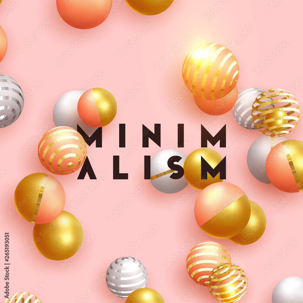 Poster background with 3d geometric objects balls and spheres. objects 3d shape gold and silver ball, volum