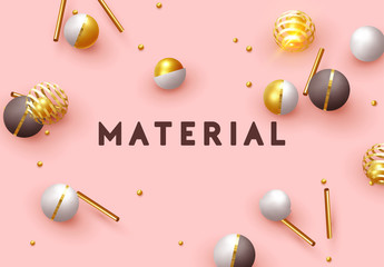 Objects 3d shape gold and silver ball, volumetric round spheres white and black. Abstract minimal background. Vector realistic geometric elements. banner, web poster, layout header, flyer