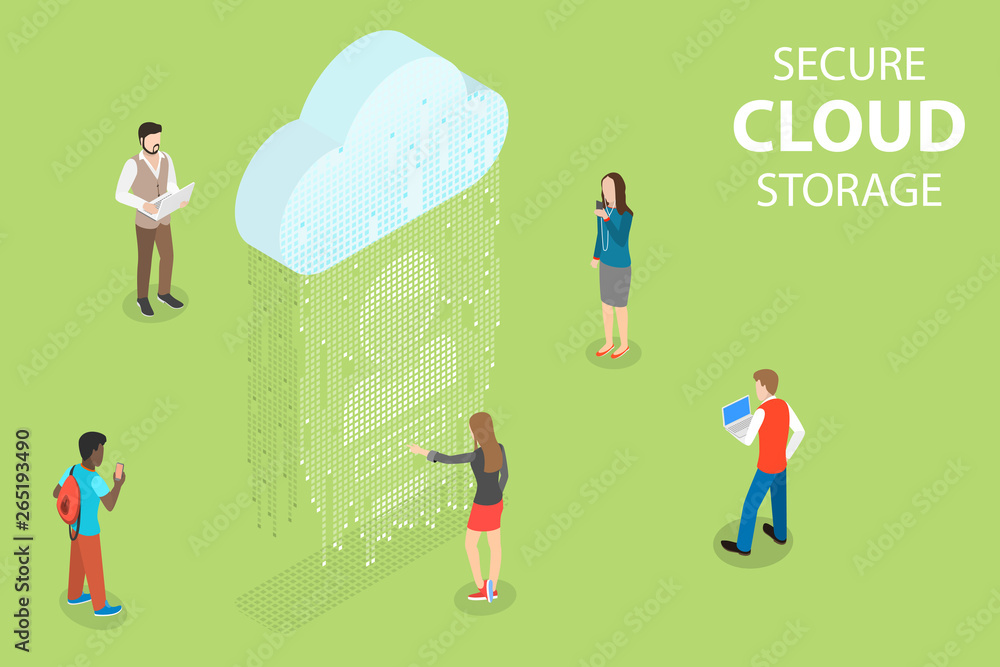 Poster flat isometric vector concept of secure cloud storage, big data, online computing service, mobile de