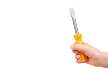 Kids hand with yellow toy screwdriver, repair tool