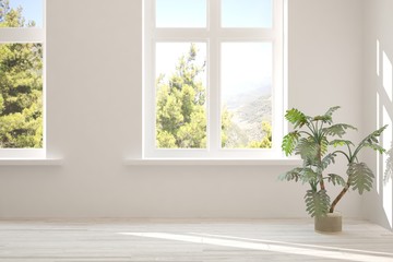 Fototapeta premium Stylish empty room in white color with summer landscape in window. Scandinavian interior design. 3D illustration