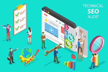 Isometric flat vector concept of technical SEO audit, search engine strategy, content marketing, website development.