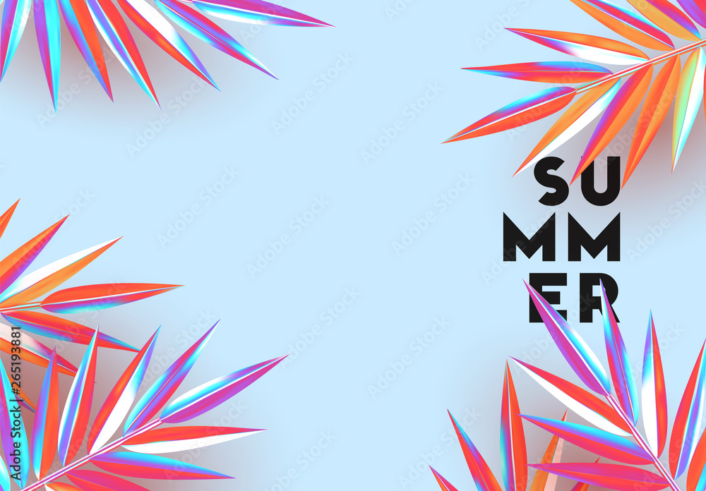 Poster background with palm leaves branches of gradient color. summer banner, poster with 3d objects fluore