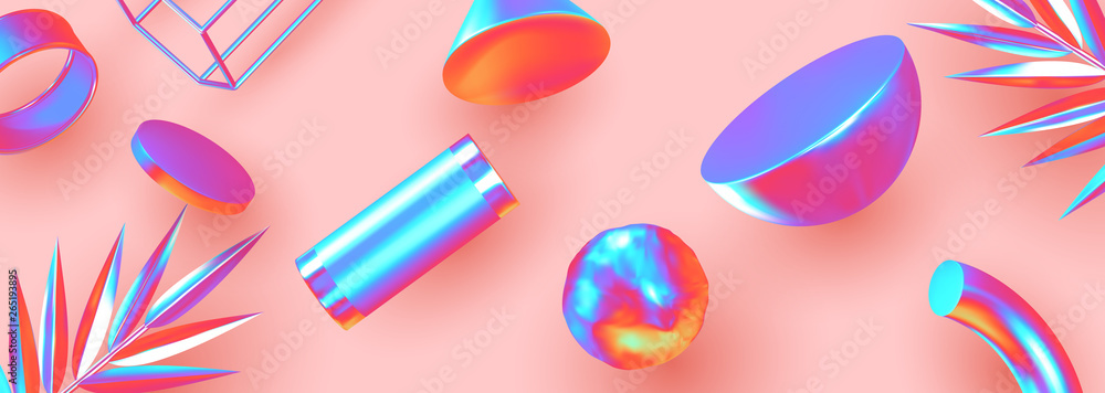 Poster Background with 3d geometric objects. Objects 3d shape vector minimal poster.