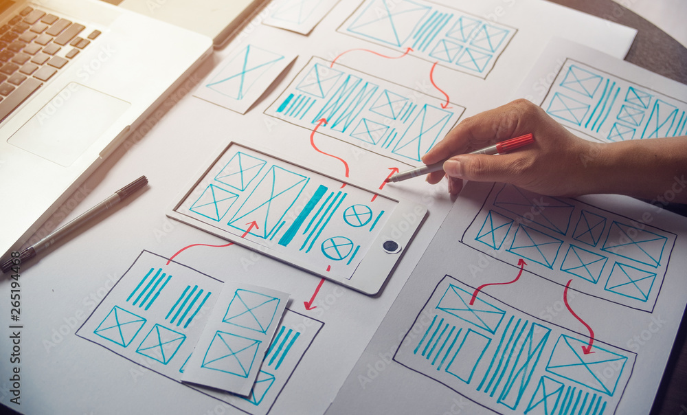 Poster ux graphic designer creative sketch planning application process development prototype wireframe for