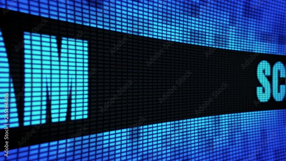 Poster scam side text scrolling on light blue digital led display board pixel light screen looped animation