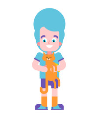 Boy and cat. youngster and pet. Vector illustration