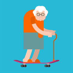 Grandmother on skateboard. Granny on board. Old lady Skateboarder