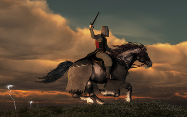 A knight on horseback charges across a field as storm in the background forks lightning and booms thunder. The paladin wears mail armor and a helmet. He holds aloft his sword. 3D Rendering © Daniel Eskridge