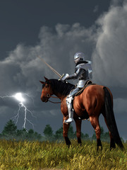 A knight on horseback in shining armor looks down at the sword in his hand as lightning strikes off in the distance.  His horse looks back, worried.  3D Rendering © Daniel Eskridge
