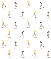 Vector seamless pattern of flat cartoon skater girl with surf board isolated on white background 