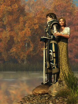 A knight in blue armor rests his hands on his sword and looks out over a lake.  Behind him his lady snuggles up behind him. 3D Rendering