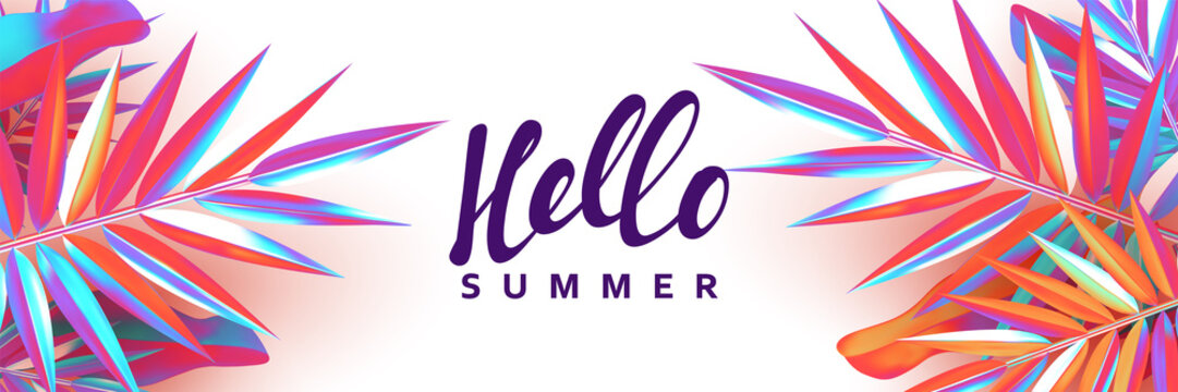 Summer banner. Background palm leaves branches of gradient color.